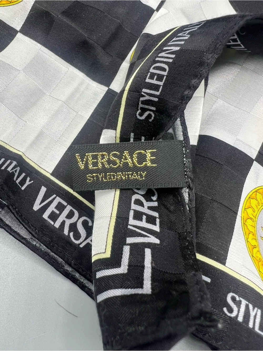 Versace Black, White & Yellow Checkerboard Medallion Sun Square Scarf